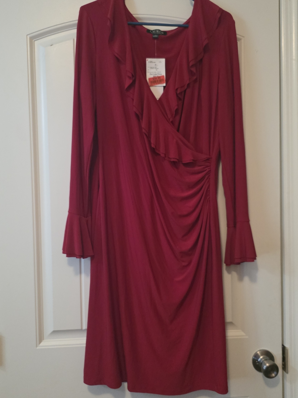 Nwt Size 16 Lauren by Ralph Lauren Red Ruffle Wrap-Style Dress